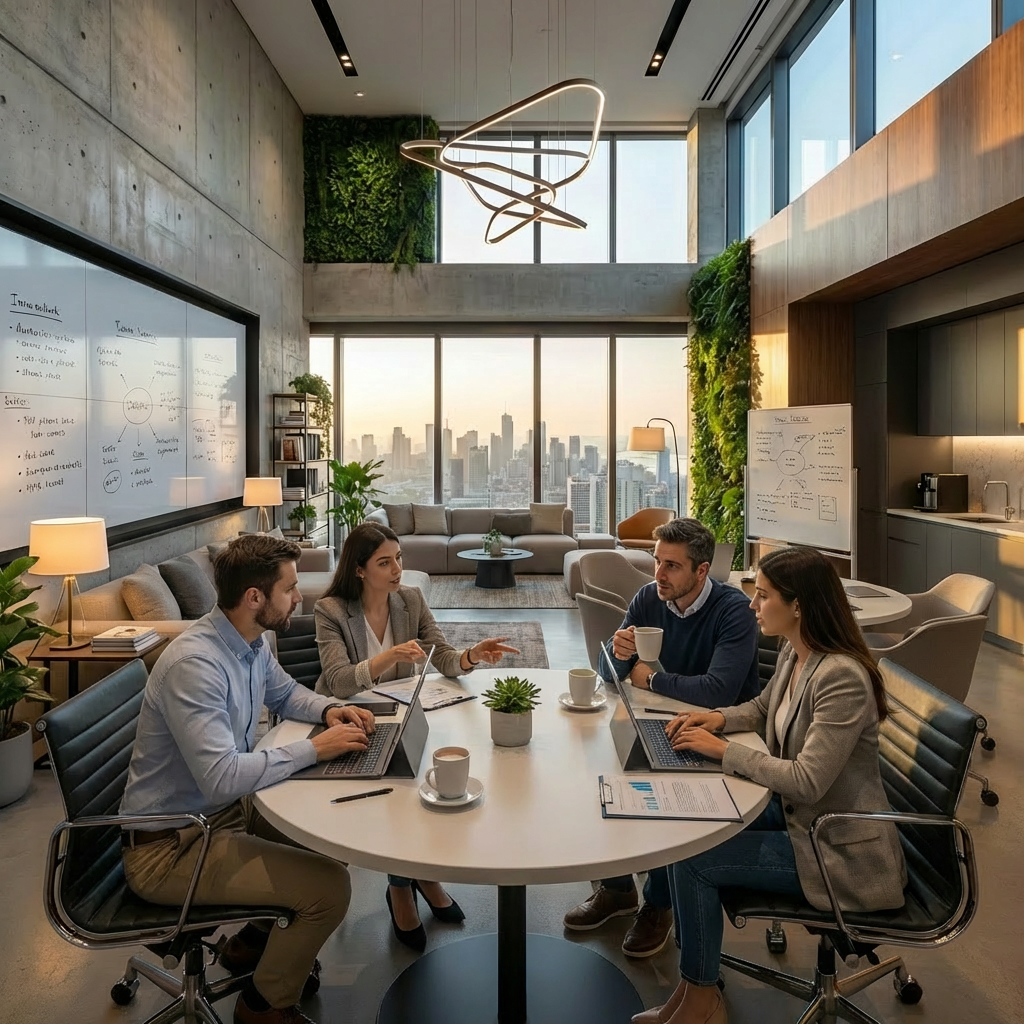 Modern executive boardroom with large wooden table, leather chairs, and financial data screens.