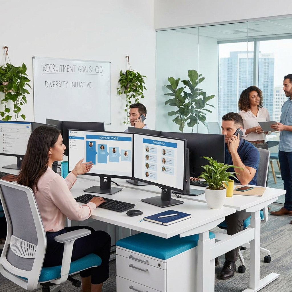 Recruitment team working in a bright office with screens displaying talent sourcing and diversity goals.