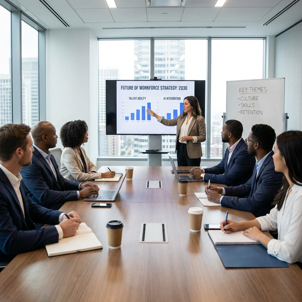 Presentation: FUTURE OF WORKFORCE STRATEGY: 2030, TALENT AGILITY, AI INTEGRATION. Whiteboard: KEY THEMES: CULTURE, SKILLS, RETENTION.