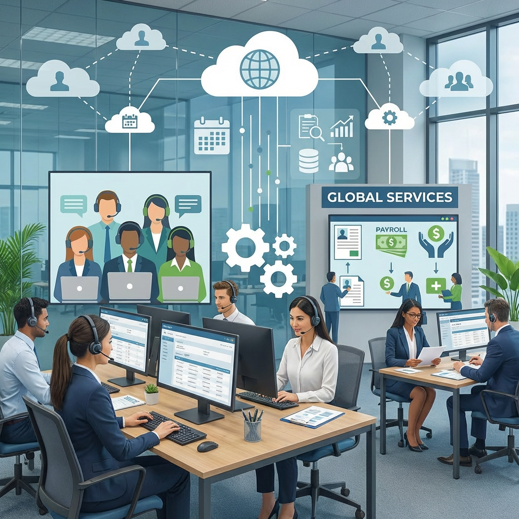 Illustration showing Outsourcing HR Solutions and Global Services connected by cloud technology and gears.