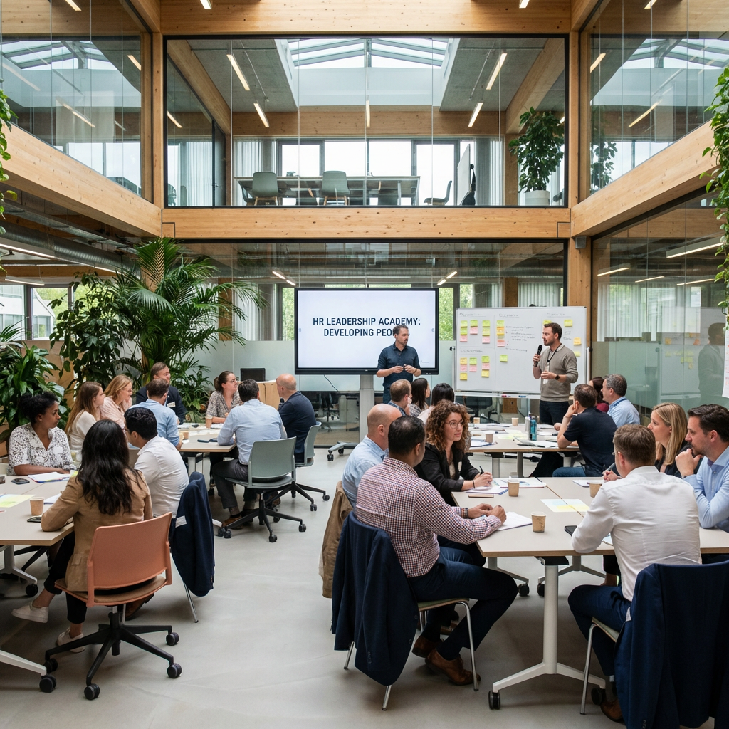 Professionals attend HR Leadership Academy: Developing People workshop in a modern open-plan office.