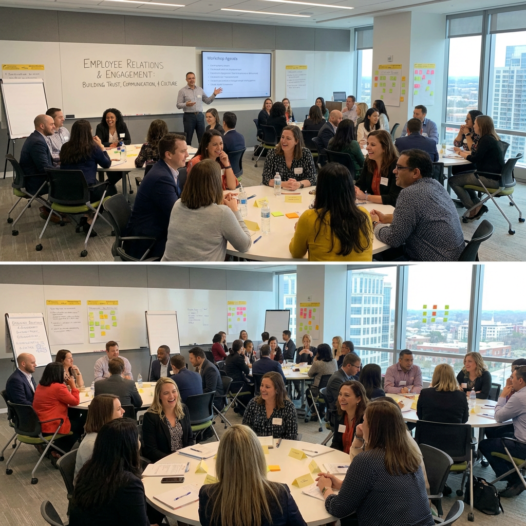 Professional workshop titled 'Employee Relations & Engagement: Building Trust, Communication, & Culture' with groups collaborating.