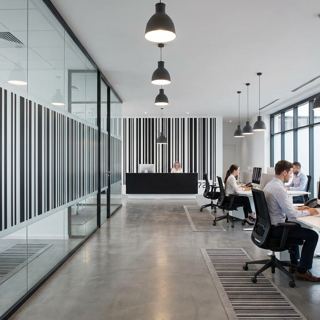 Employees working in a modern, open-plan office with a distinctive barcode-patterned wall.