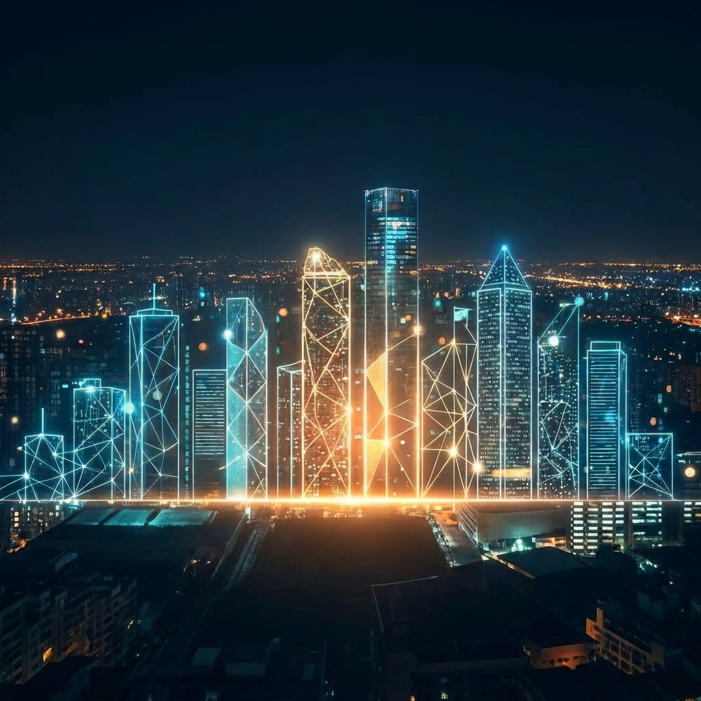 Talent Acquisition Network Growth Partners text below an interconnected digital skyline with human icons.