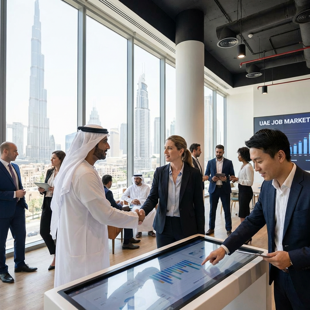 Professionals networking in a Dubai office near a screen titled UAE JOB MARKET.