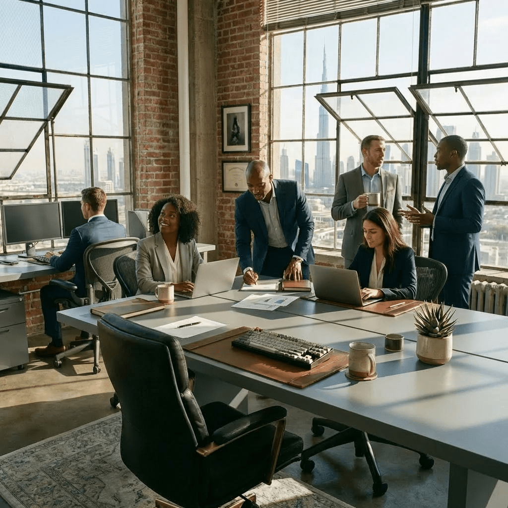 A minimalist workspace with a laptop, monitor, and ergonomic chairs beside large windows.