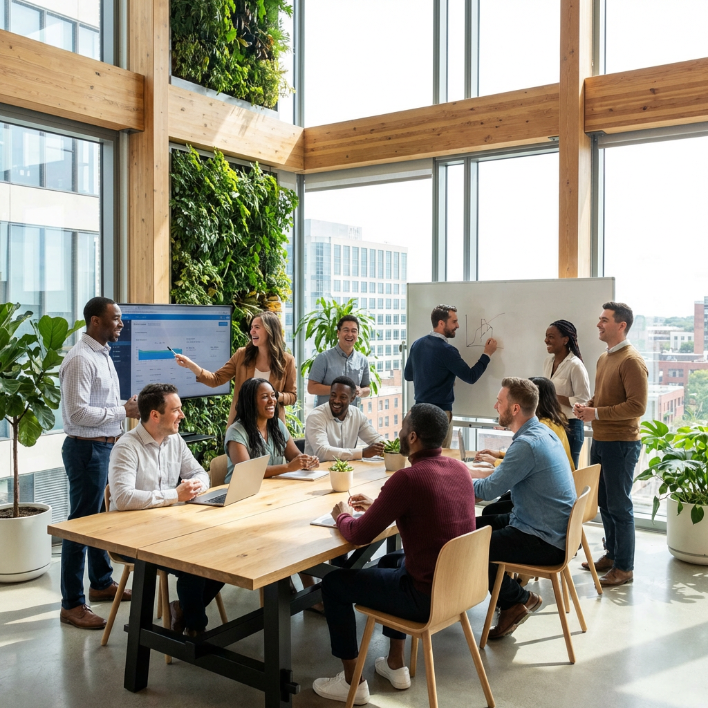 Diverse team collaborating in a sunlit office with large windows and vertical plant walls.